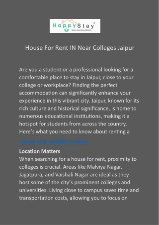 House For Rent IN Near Colleges Jaipur