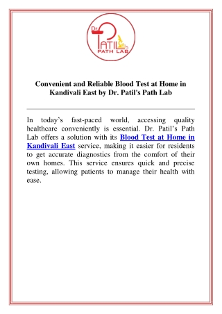 Convenient and Reliable Blood Test at Home in Kandivali East by Dr. Patil's Path Lab