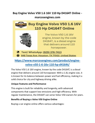 Buy Engine Volvo V50 1.6 16V 110 Hp D4164T Online -marcosengines.com