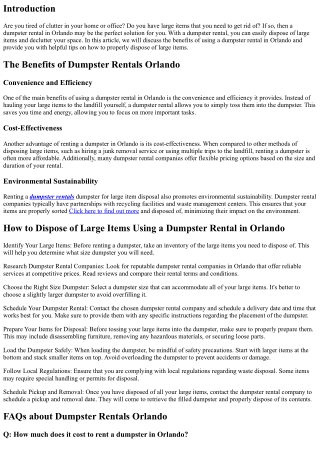 How to Dispose of Large Items Using a Dumpster Rental in Orlando