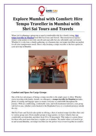 Hire Tempo Traveller in Mumbai for Comfortable Group Travel