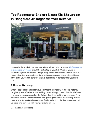 Top Reasons to Explore Naara Kia Showroom in Bangalore JP Nagar for Your Next Kia