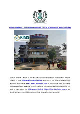 How to Apply for Direct MBBS Admission 2024 at Krishnanagar Medical College