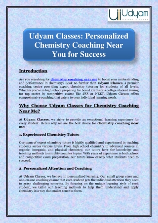 Udyam Classes: Personalized Chemistry Coaching Near You for Success