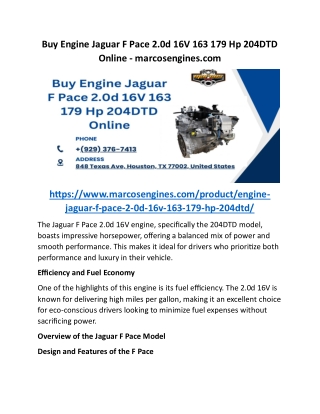 Buy Engine Jaguar F Pace 2.0d 16V 163 179 Hp 204DTD Online - marcosengines.com