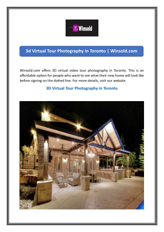 3d Virtual Tour Photography in Toronto  Winsold