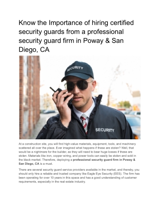 Know the Importance of hiring certified security guards from a professional security guard firm in Poway & San Diego, CA