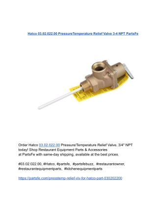 Hatco 03.02.022.00 PressureTemperature Relief Valve 3-4 NPT PartsFe