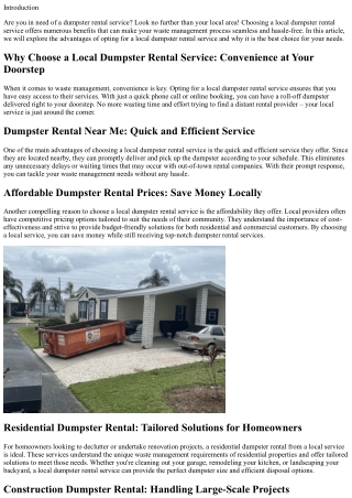 Why Choose a Local Dumpster Rental Service