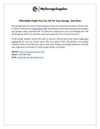 Affordable Single Post Car Lift for Your Garage - Buy Now