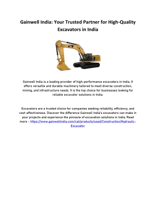 Your Trusted Partner for High-Quality Excavators in India