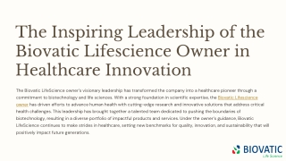 The Inspiring Leadership of Biovatic LifeScience Owner in Healthcare Innovation