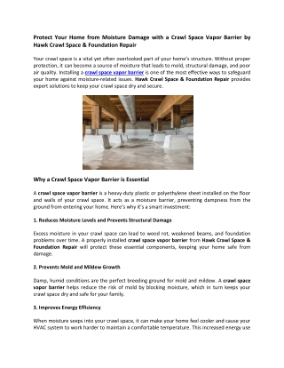 Protect Your Home from Moisture Damage with a Crawl Space Vapor Barrier by Hawk Crawl Space & Foundation Repair