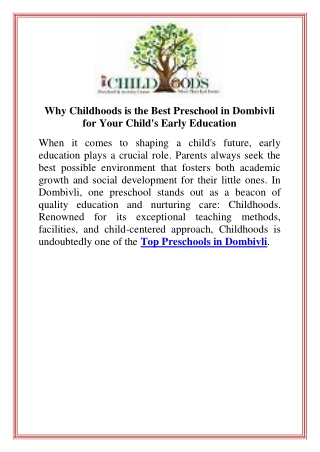 Why Childhoods is the Best Preschool in Dombivli for Your Child's Early Education