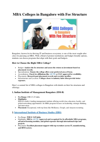 MBA Colleges in Bangalore with Fee Structure