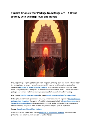 Tirupati Tirumala Tour Package from Bangalore – A Divine Journey with Sri Balaji Tours and Travels
