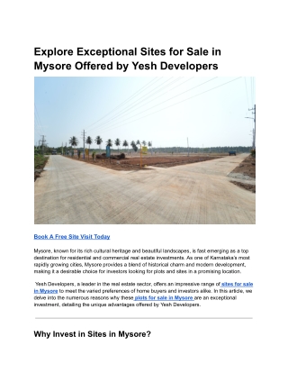 Explore Exceptional Sites for Sale in Mysore Offered by Yesh Developers