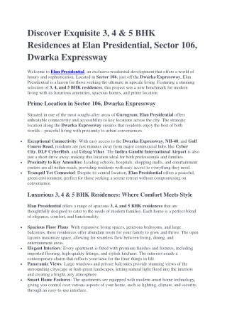 Elan Presidential, Sector 106, Dwarka Expressway