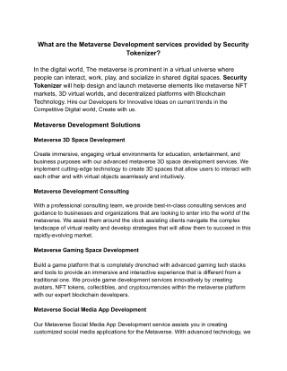 What are the Services provided by Metaverse Development for User Experience - Security Tokenizer