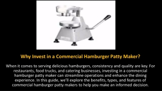 Why Invest in a Commercial Hamburger Patty Maker?