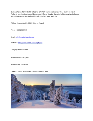 FOR FINLAND CITIZENS - CANADA  Tourist and Business Visa / Electronic Travel Aut