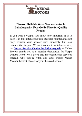 Discover Reliable Vespa Service Center in Bahadurgarh  Your Go To Place for Quality Repairs