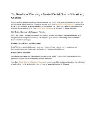 Top Benefits of Choosing a Trusted Dental Clinic in Villivakkam, Chennai