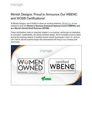 Mimish Designs Proud to Announce Our WBENC and WOSB Certifications