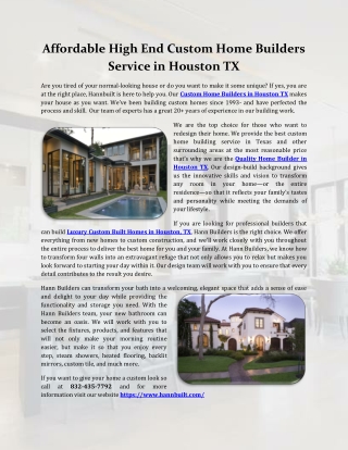 Affordable High End Custom Home Builders Service in Houston TX