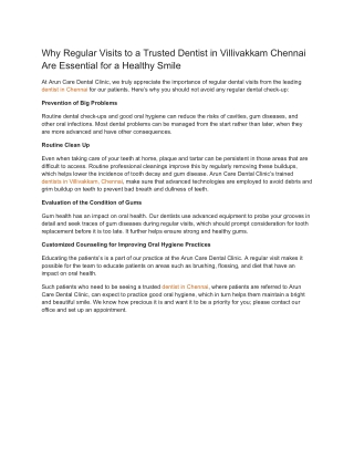 Why Regular Visits to a Trusted Dentist in Villivakkam Chennai Are Essential for a Healthy Smile