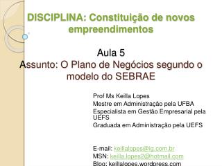 DISCIPLINA: Constituição de novos empreendimentos Aula 5 A ssunto: O Plano de Negócios segundo o modelo do SEBRAE