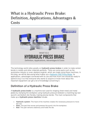 What is a Hydraulic Press Brake: Definition, Applications, Advantages & Costs