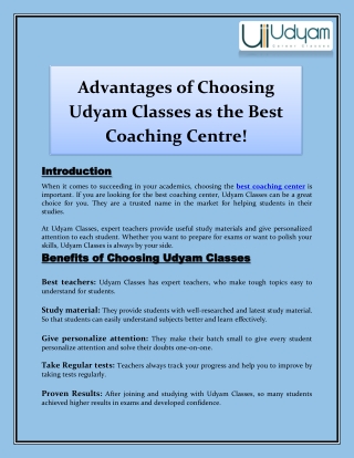 Advantages of Choosing Udyam Classes as the Best Coaching Centre!