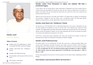Haridev Joshi Biography _ Legacy of Rajasthan's Visionary Leader and Former CM
