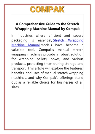 A Comprehensive Guide to the Stretch Wrapping Machine Manual by Compak