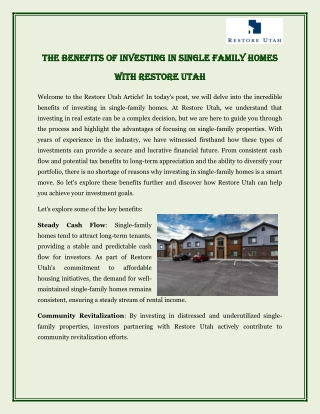 The Benefits of Investing in Single Family Homes with Restore Utah