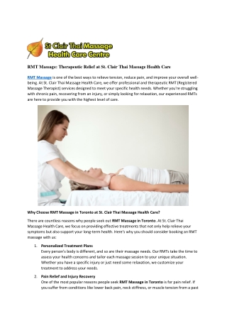 RMT Massage: Therapeutic Relief at St. Clair Thai Massage Health Care