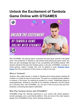 Unlock the Excitement of Tambola Game Online with GTGAMES