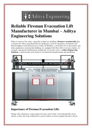 Reliable Fireman Evacuation Lift Manufacturer in Mumbai – Aditya Engineering Sol