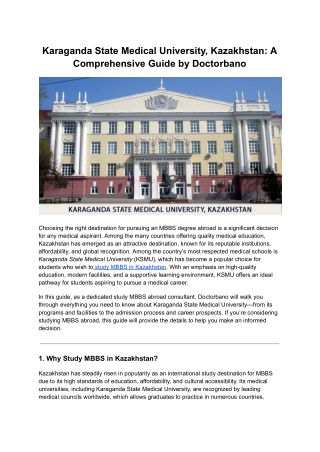 Karaganda State Medical University, Kazakhstan: A Guide by Doctorbano