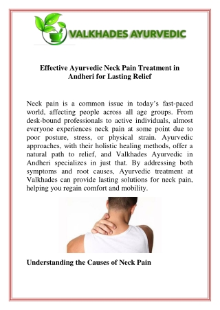 Effective Ayurvedic Neck Pain Treatment in Andheri for Lasting Relief