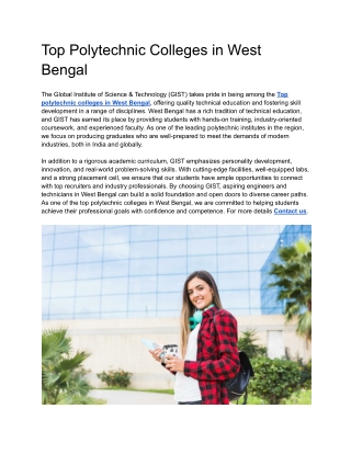 Top Polytechnic Colleges in West Bengal