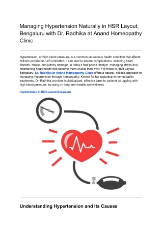 Managing Hypertension Naturally in HSR Layout, Bengaluru