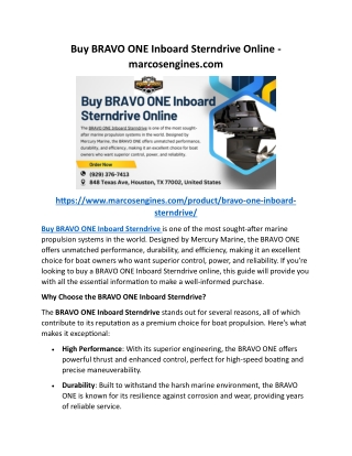 Buy BRAVO ONE Inboard Sterndrive Online - marcosengines