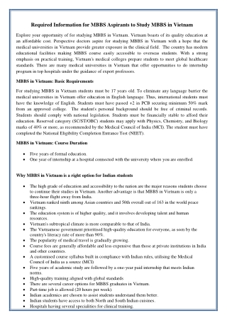 Required Information for MBBS Aspirants to Study MBBS in Vietnam