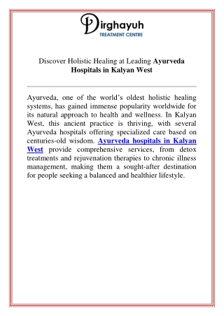 Discover Holistic Healing at Leading Ayurveda Hospitals in Kalyan West