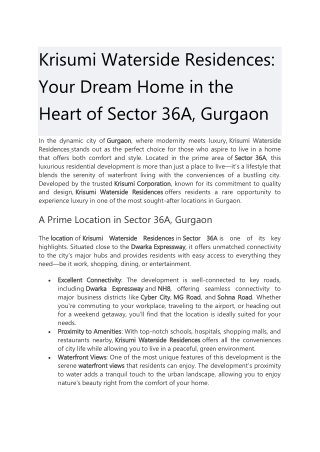 Krisumi Waterside Residences in Sector 36A