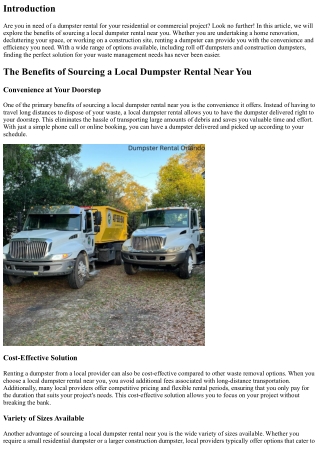 The Benefits of Sourcing a Local Dumpster Rental Near You