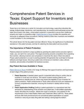 Comprehensive Patent Services in Texas- Expert Support for Inventors and Businesses