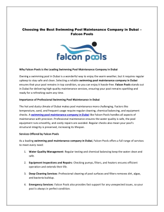 Choosing the Best Swimming Pool Maintenance Company in Dubai – Falcon Pools